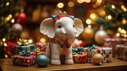 White elephant figurine with colourful ribbons, bows sits on decorative table. Christmas gifts with festive wrapping paper surround figurine. Festive scene suggesting humorous gift exchange party