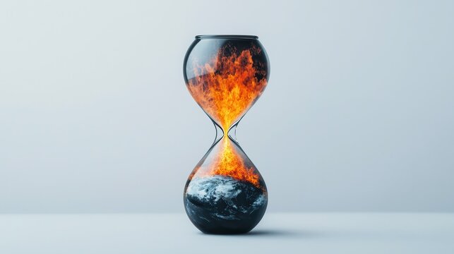 Time running out fiery hourglass symbolizing climate crisis studio setup digital art minimalist design conceptual imagery
