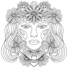 Beautiful fashion women, girl with abstract long hair. Hand drawn face. Zen doodle art, tattoo design, black and white illustration. Freehand sketch drawing for adult anti stress coloring book page