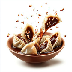 Fototapeta premium Savory Dumplings Splashing in Soy Sauce, Isolated on White