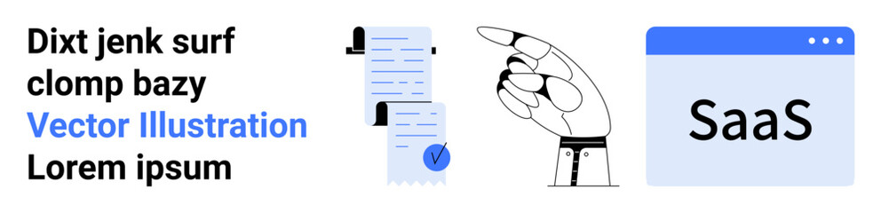 Robot hand pointing at documents with blue checkmark, window labeled SaaS, and placeholder text. Ideal for tech blogs, business websites, SaaS promotions, startup pages, digital marketing