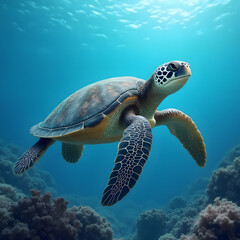 Obraz premium Adorable large sea turtle swimming in a vibrant coral reef against a blue background. Marine animal, underwater wildlife. Vulnerable or endangered species. Celebrating World Turtle Day.