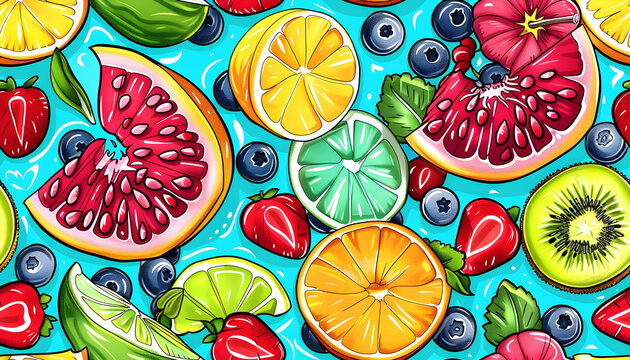 Illustration of Fruits Background with Kiwi, Grapefruit, Strawberries, Blueberries, Lemon and Lime Slices