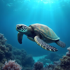 Fototapeta premium Adorable large sea turtle swimming in a vibrant coral reef against a blue background. Marine animal, underwater wildlife. Vulnerable or endangered species. Celebrating World Turtle Day.