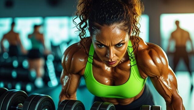 Focused Woman Weightlifting in a Modern Gym Setting