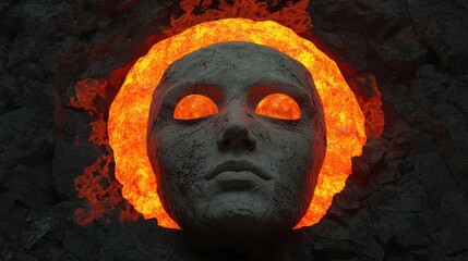 Fiery sculpture of a human face surrounded by lava art installation volcanic environment dramatic viewpoint