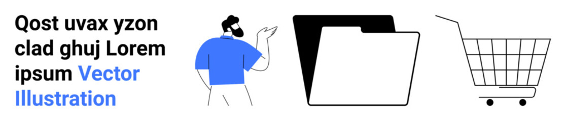 Businessman making a gesture, file folders, and a shopping cart icon with text blocks. Ideal for business presentations, online shopping advertising, project management, team collaboration