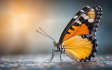 Obraz premium Stunning Close Up of an Orange and Black Butterfly on a Stone Surface at Sunset