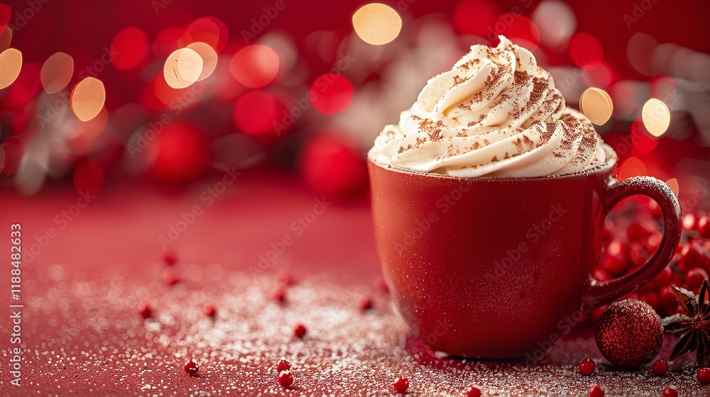 Poster a close-up of an arm gingerbread latte served in a festive cup with a large copy space on the top to