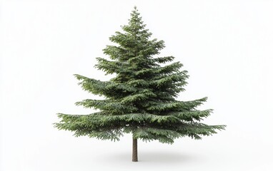 A tall cedar tree with layered green branches standing against a bright white backdrop