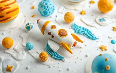A space-themed 3D cake featuring planets, stars, and an edible rocket ship on a bright white surface