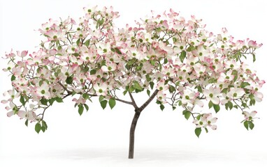 Obraz premium A flowering dogwood tree with soft pink and white blossoms against a white background