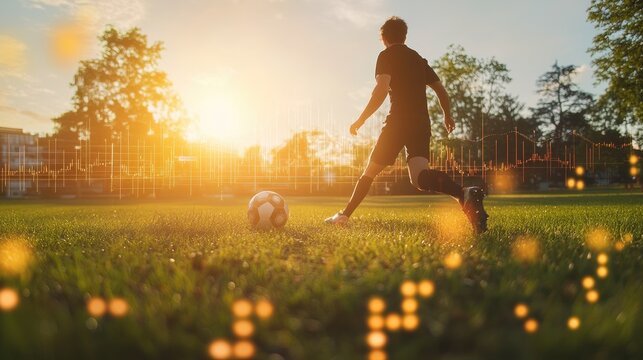 Soccer Player Kicking the Ball with Trading Chart and Stock Market Graph Background on a Green Field, Sunlit Sports Scene - Powered by Adobe