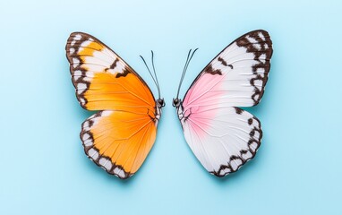 Fototapeta premium Vibrant Orange and Pink Butterflies on Light Blue Background Close up View