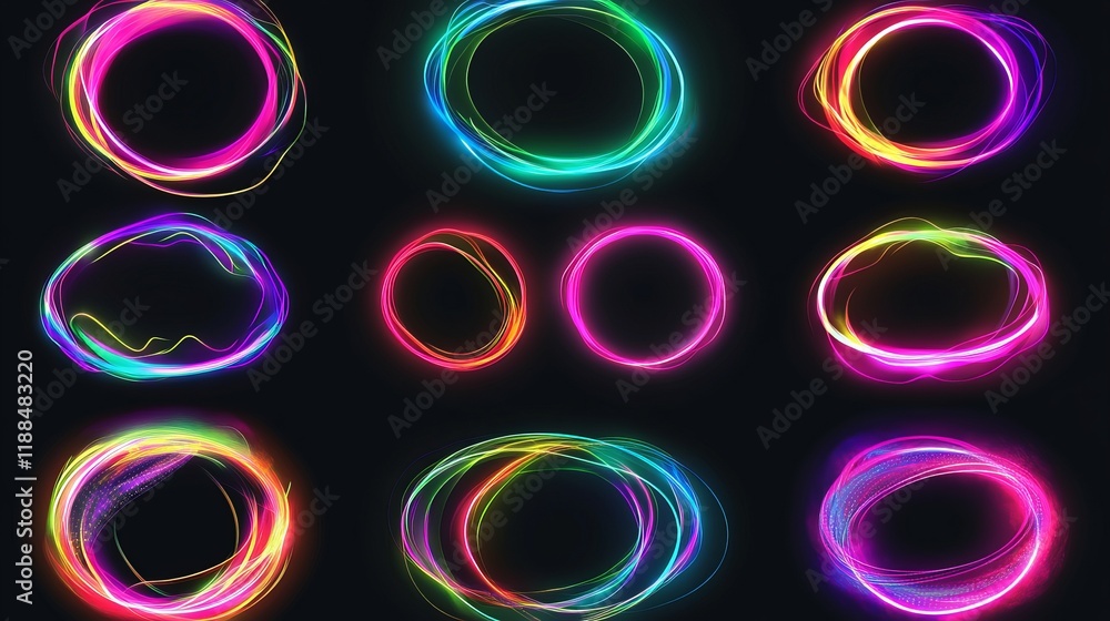 Poster a set of glowing neon-colored circles with curved, wavy dynamic lines, creating a futuristic design 