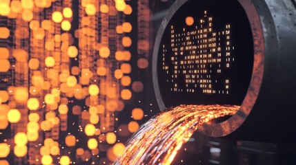 Molten metal flowing from pipe industrial facility abstract visual dark environment close-up technology concept