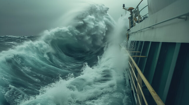 High waves crashing against ship in stormy sea.
