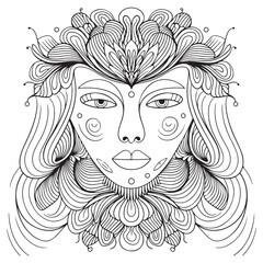 Beautiful fashion women, girl with abstract long hair. Hand drawn face. Zen doodle art, tattoo design, black and white illustration. Freehand sketch drawing for adult anti stress coloring book page