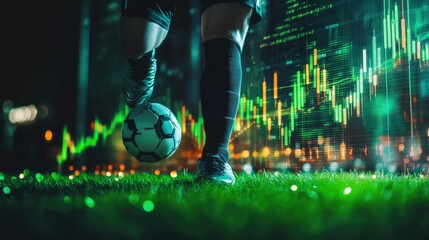 Soccer Player's Foot Kicking the Ball on Green Grass with Stock Market Candlestick Chart Background, Trading and Sports, Youth Soccer Referee Course