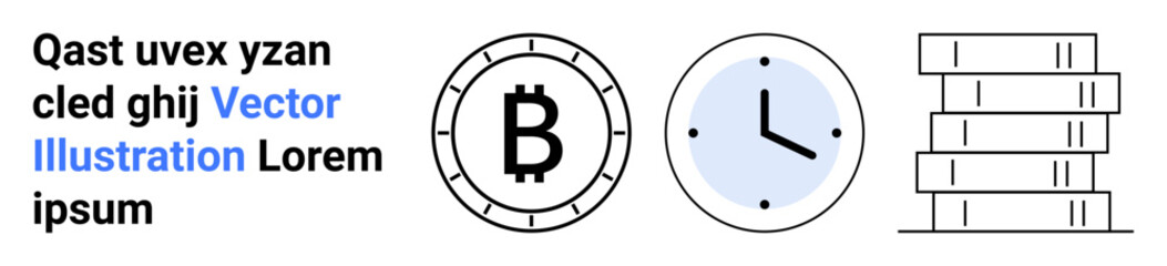 Bitcoin symbol, clock with blue background, and stack of books. Ideal for cryptocurrency, blockchain, finance, time management, productivity, education, and knowledge. Landing page