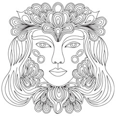 Beautiful fashion women, girl with abstract long hair. Hand drawn face. Zen doodle art, tattoo design, black and white illustration. Freehand sketch drawing for adult anti stress coloring book page