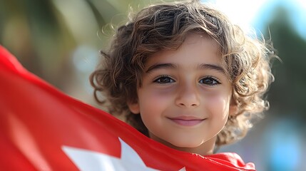 A child proudly holding the Tunisian flag during Independence Day celebrations in a park