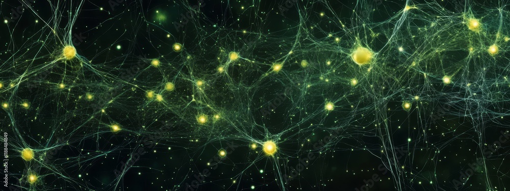 Poster Microscopic view of neural network, glowing neurons connected by axons and dendrites.