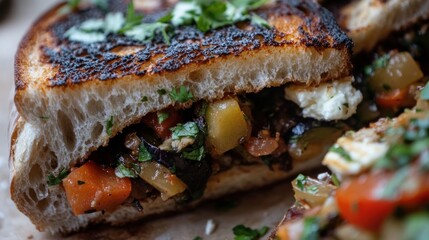 Grilled vegetable and feta sandwich with charred bread.