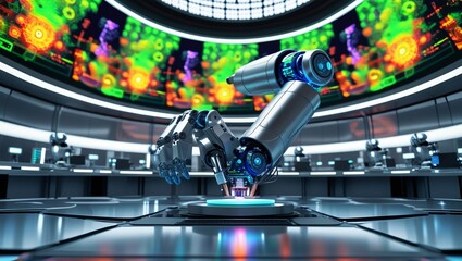 Robotic Arm Assembling High-Tech Gadget in Advanced Lab with Digital Interfaces