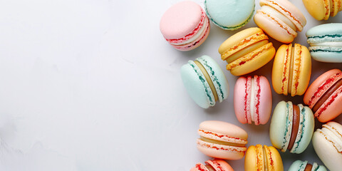 A vibrant assortment of colorful macarons arranged beautifully on a white background, ideal for dessert and pastry themes
