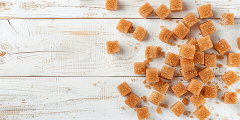 An artistic display of brown sugar cubes scattered on a rustic wooden surface, capturing the essence of natural sweeteners