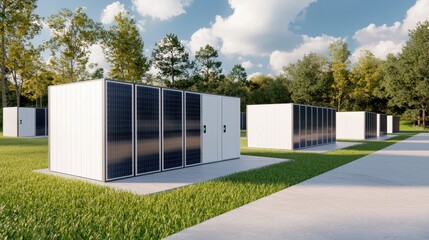 Obraz premium Renewable energy storage solutions outdoor facility technology sustainable environment ground level green innovation