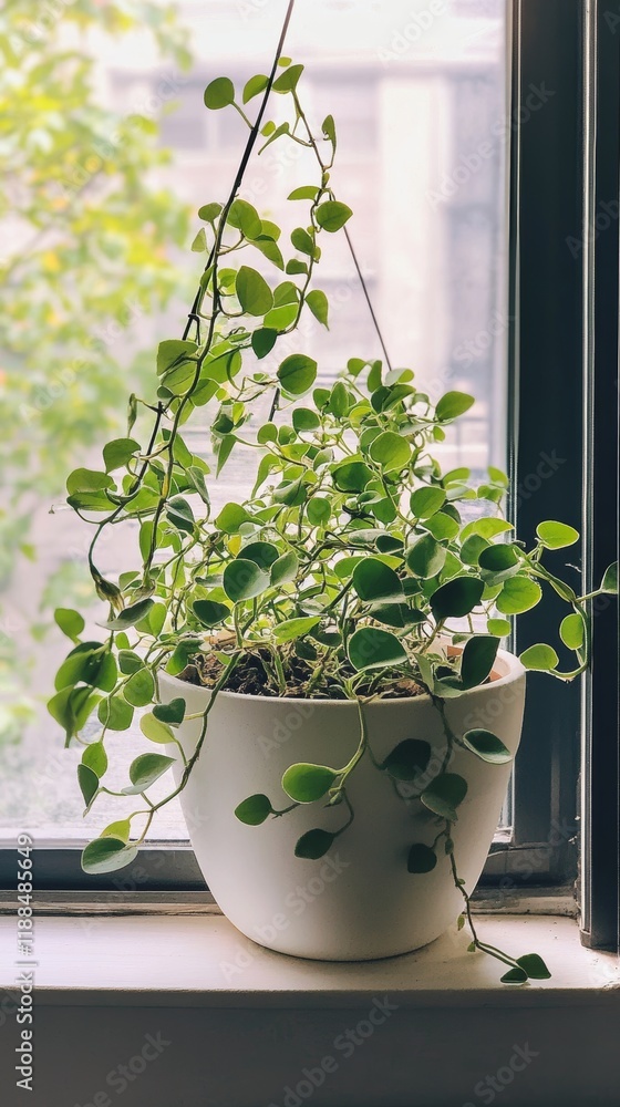 Wall mural a potted string of turtles plant by the window in minimalist style of indoor plants