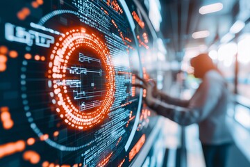 Futuristic Data Analysis Person Interacting with a Large Digital Interface Showing Complex Code and