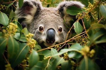 Obraz premium Koala peeking through eucalyptus leaves, showing its curiosity in natural australian habitat