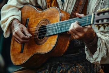 Fototapeta premium Musician playing acoustic guitar in tropical garden