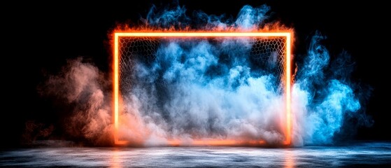 Glowing Neon Soccer Goal in Smoky Atmosphere Abstract Sports Background