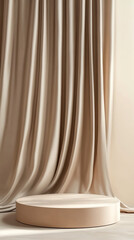 Mocha-Themed Round Podium with Elegant Curtain Backdrop
