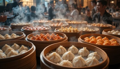 Delicious Steamed Dumplings in Traditional Bamboo Steamer Baskets
