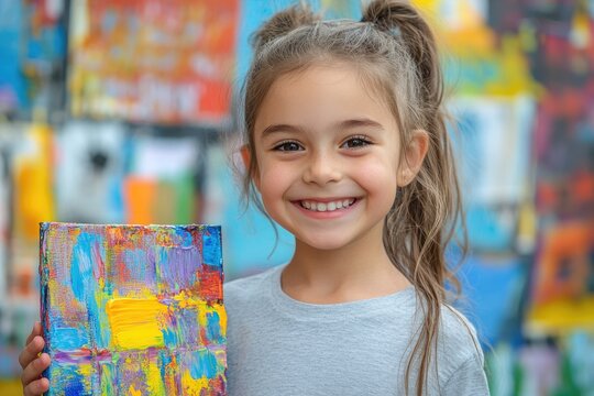Smiling girl showing her colorful painting in art class