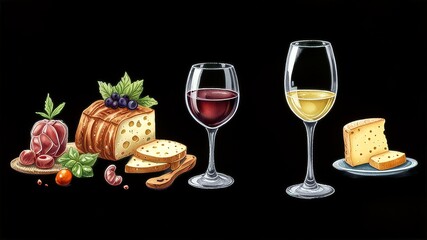 Hand drawn chalk food illustrations. Wedding dinner icons. Wine or champagne glass, cheese, charcuterie drawings for wedding invitations, cafe menus and parties. La dolce vita italian sketch style.