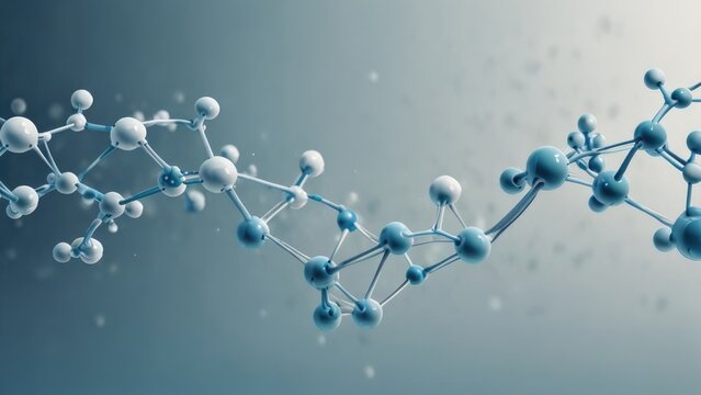 Abstract molecular structure: blue and white atoms and molecules on gradient background.