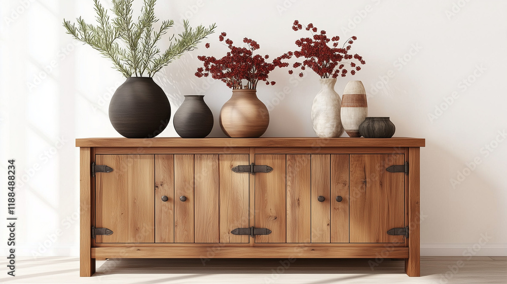 Aufkleber rustic wooden sideboard in japandi-style home decor with a round frame and vases of plants on the ca