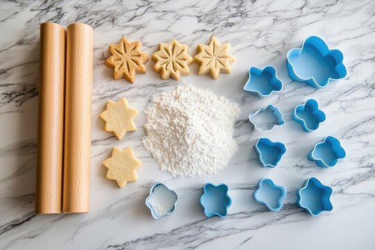 Baking christmas cookies with various shaped cutters and wooden rolling pins