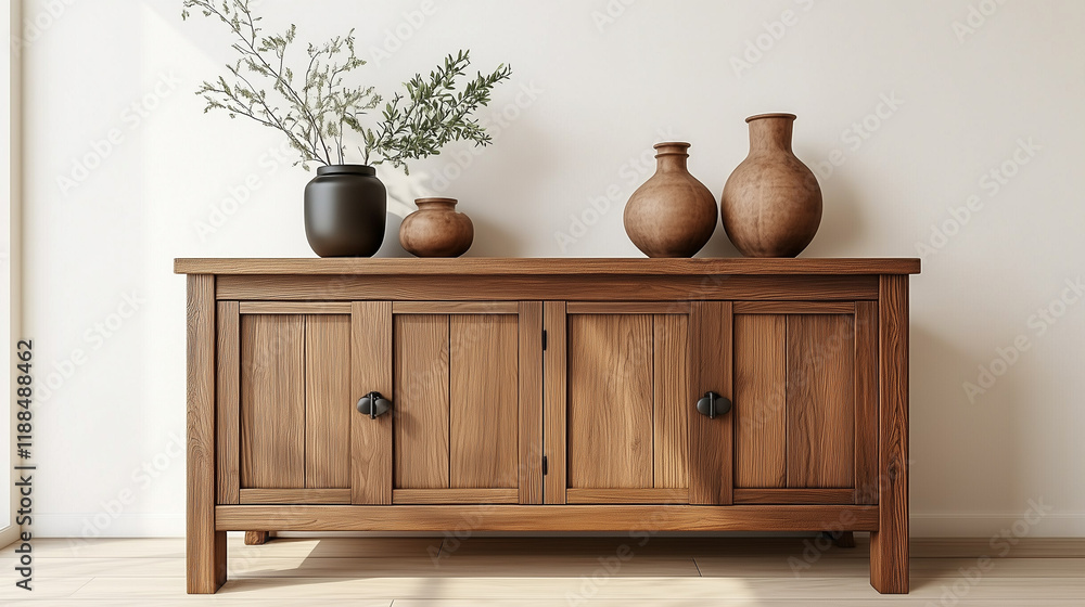 Aufkleber rustic wooden sideboard in japandi-style home decor with a round frame and vases of plants on the ca