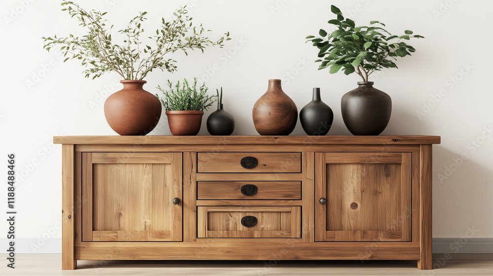 Aufkleber rustic wooden sideboard in japandi-style home decor with a round frame and vases of plants on the ca