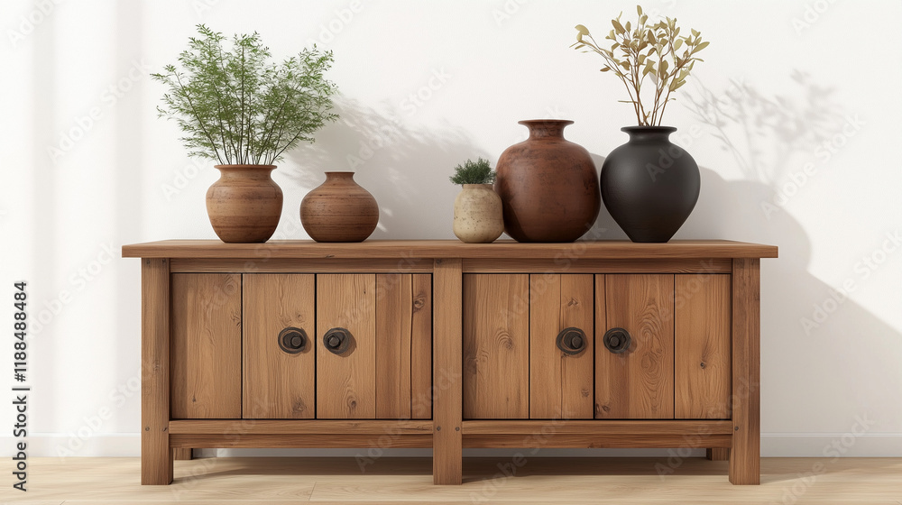 Aufkleber rustic wooden sideboard in japandi-style home decor with a round frame and vases of plants on the ca