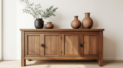 Rustic wooden sideboard in Japandi-style home decor with a round frame and vases of plants on the cabinet. Minimalist interior design against a white wall, perfect for artwork or poster display. 3D re