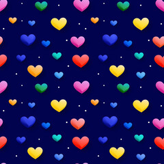 Seamless Pattern of Colorful Hearts on Dark Blue Background