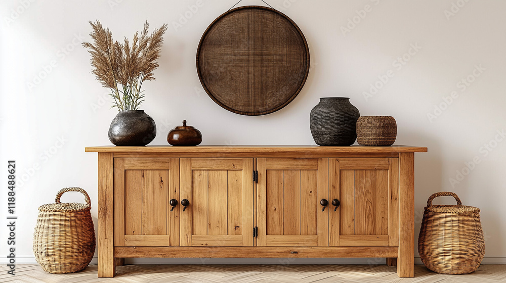 Aufkleber rustic wooden sideboard in japandi-style home decor with a round frame and vases of plants on the ca